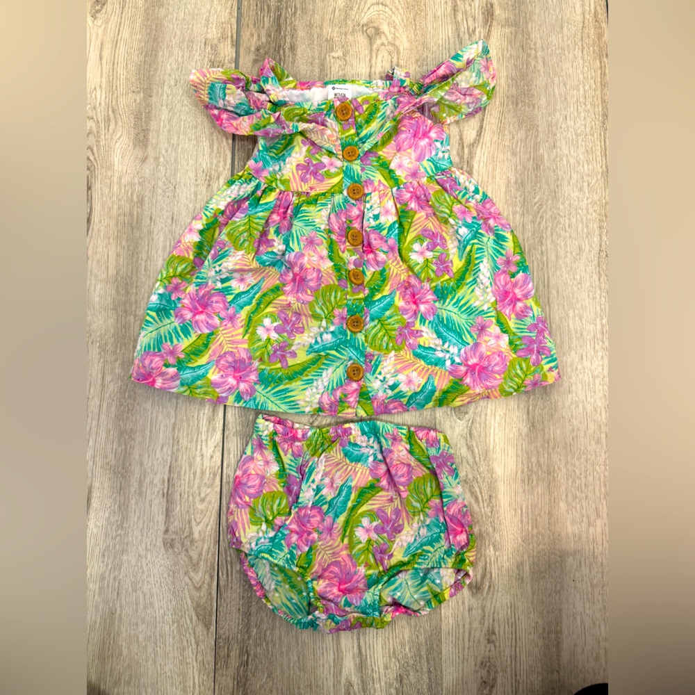 Tropical Floral Kids Dress Set - Pink and Green